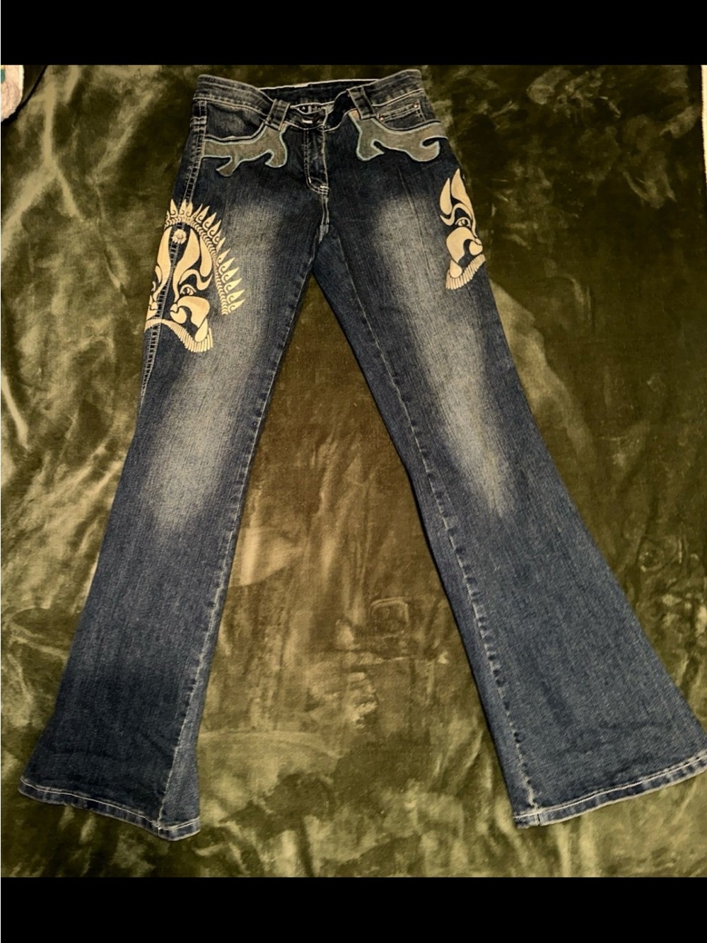 Dark Blue Embroidered Wide-Leg Jeans with Cream Graphic Accents